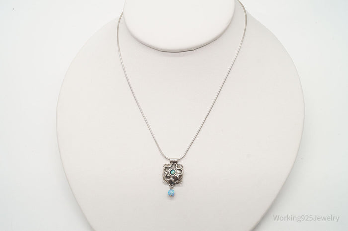 Vintage Flower Blue Fire Opal Hammered Style Sterling Silver Necklace