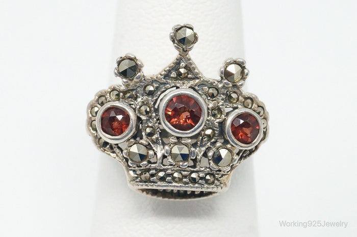 Vintage Garnet Marcasite Crown Sterling Silver Ring - Size 5
