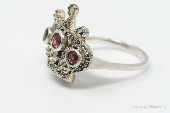 Vintage Garnet Marcasite Crown Sterling Silver Ring - Size 5
