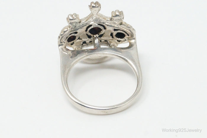 Vintage Garnet Marcasite Crown Sterling Silver Ring - Size 5