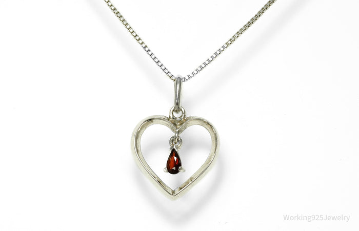 Vintage Garnet Sterling Silver Heart Chain Necklace 18"