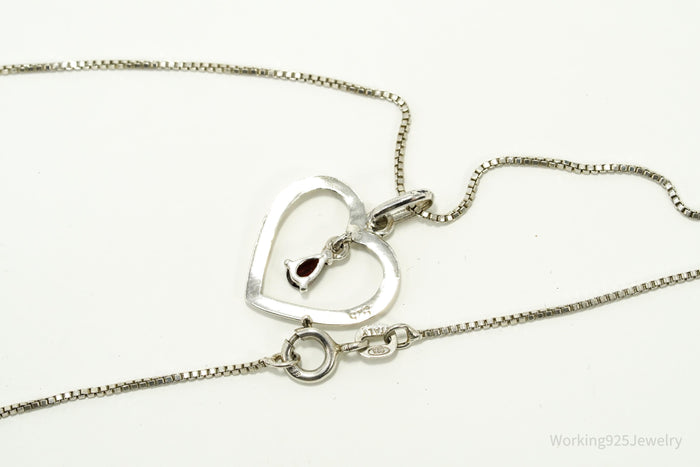 Vintage Garnet Sterling Silver Heart Chain Necklace 18"