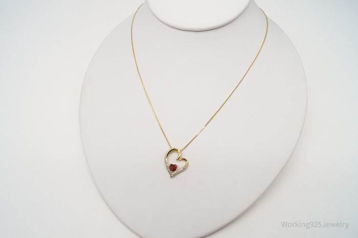 Vintage Garnet White Sapphire 18K Gold Plated Sterling Silver Heart Necklace 16"