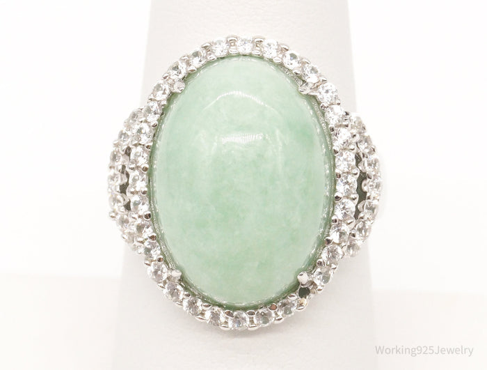 Vintage Green Jade Cubic Zirconia Sterling Silver Ring - Size 7