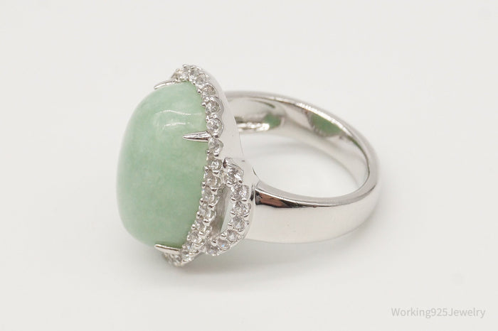 Vintage Green Jade Cubic Zirconia Sterling Silver Ring - Size 7