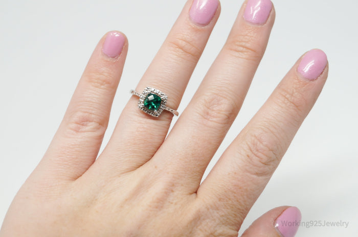 Vintage Green Lab Emerald 4 Diamond Art Deco Design Sterling Silver Ring - Sz 7
