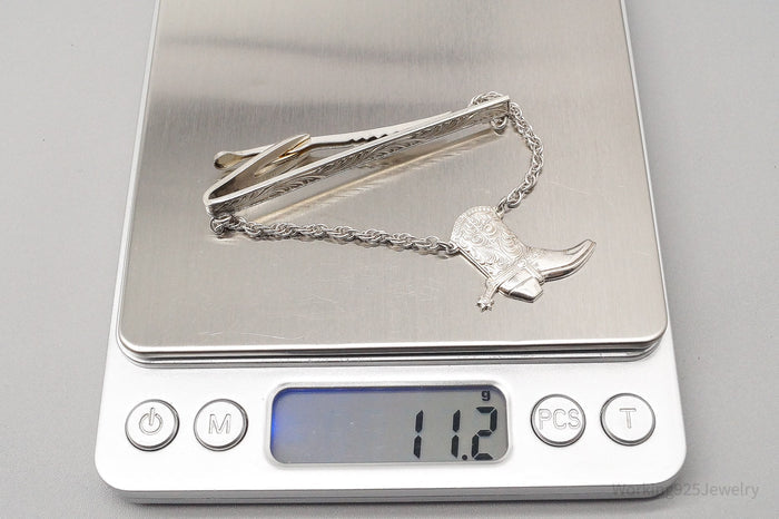 Vintage Hickok Cowboy Cowgirl Boot Western Sterling Silver Chain Tie Bar Clip