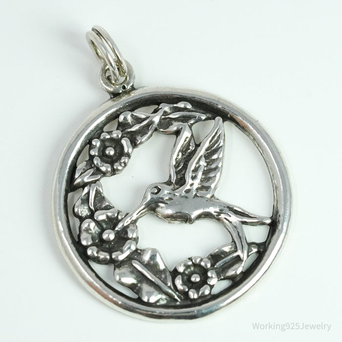 Vintage Hummingbird & Flowers Sterling Silver Charm Pendant