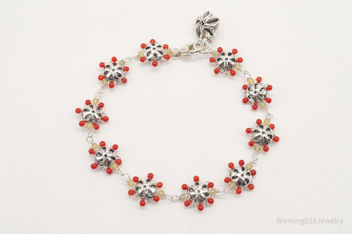 Vintage Intricate Glass Beads Flowers Sterling Silver Bracelet