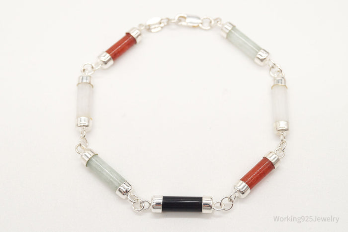 Vintage Jade Coral Black Onyx Sterling Silver Bracelet
