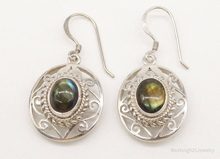 Vintage Labradorite Bali Inspired Filigree Openwork Sterling Silver Earrings