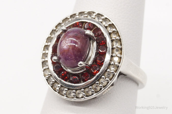 Vintage Labradorite Garnet Cubic Zirconia Sterling Silver Ring - Size 7.25
