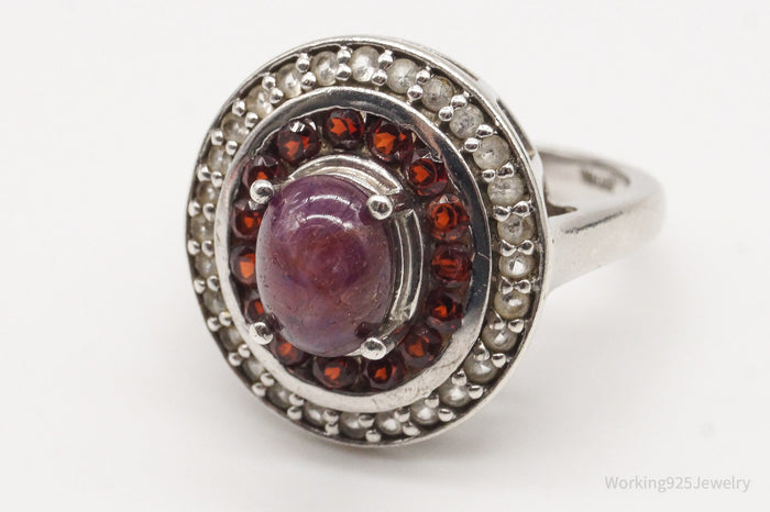 Vintage Labradorite Garnet Cubic Zirconia Sterling Silver Ring - Size 7.25