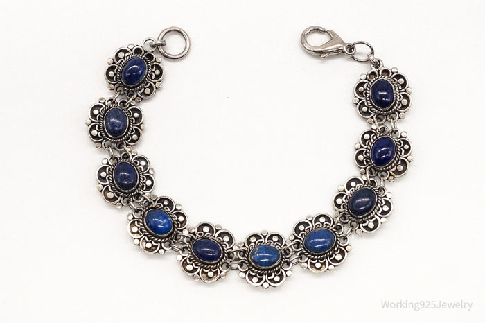 Vintage Lapis Lazuli Flowers Sterling Silver Bracelet