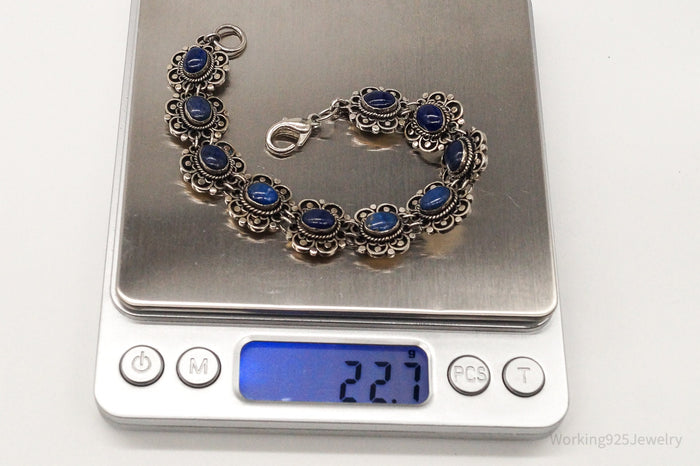 Vintage Lapis Lazuli Flowers Sterling Silver Bracelet