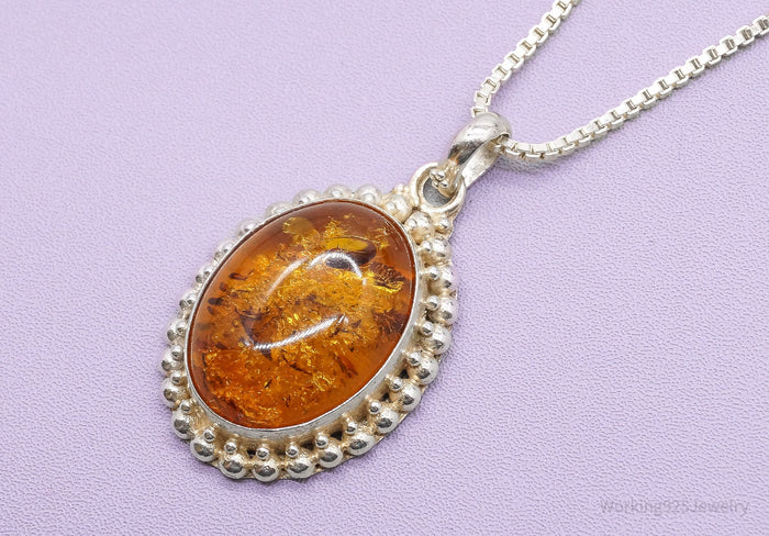 Vintage Large Amber Sterling Silver Chain Necklace 24"