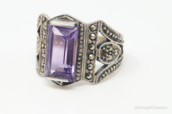 Vintage Large Amethyst Marcasite Sterling Silver Ring - Size 7.5
