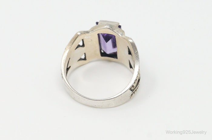 Vintage Large Amethyst Marcasite Sterling Silver Ring - Size 7.5