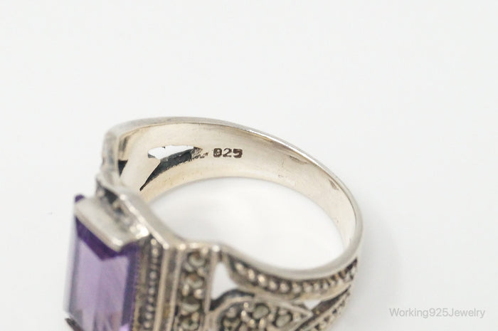 Vintage Large Amethyst Marcasite Sterling Silver Ring - Size 7.5