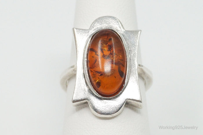 Vintage Large Baltic Amber Sterling Silver Ring - Size 6.75