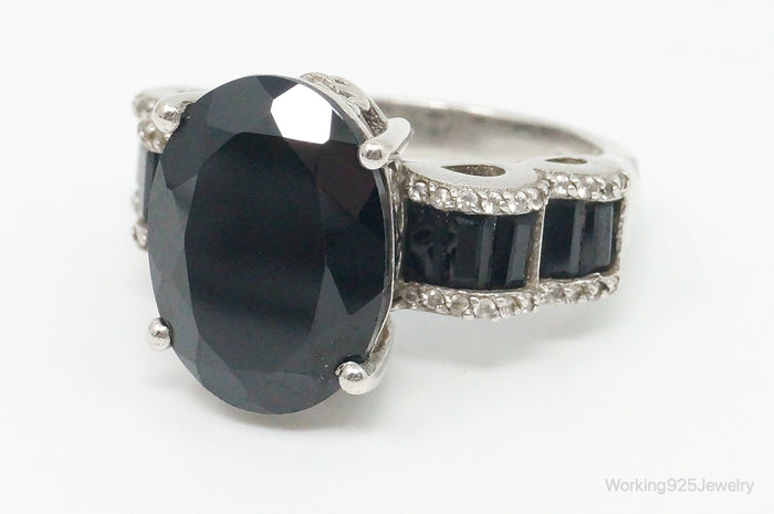 Vintage Large Black Onyx Cubic Zirconia Sterling Silver Ring - Size 9.25