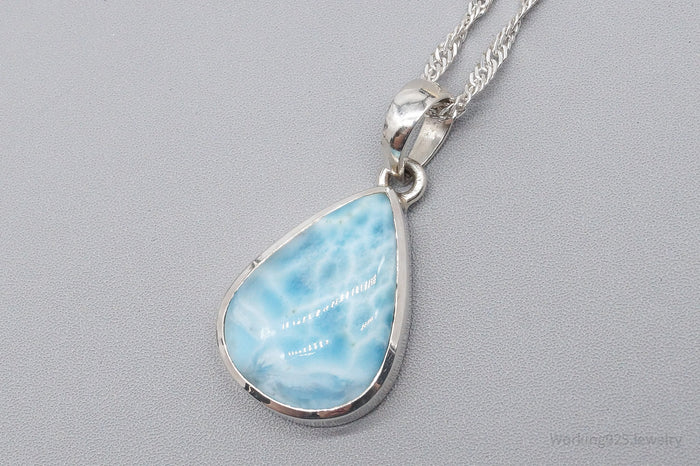 Vintage Large Blue Larimar Sterling Silver Necklace 24"