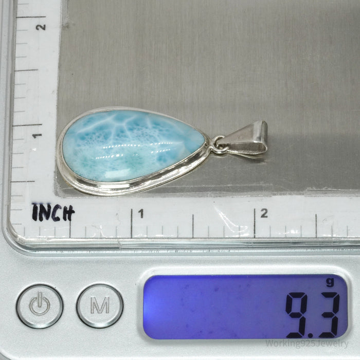 Vintage Large Blue Larimar Sterling Silver Necklace Pendant