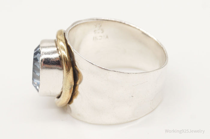 Vintage Large Blue Mystic Quartz Brass Sterling Silver Ring - 7.75