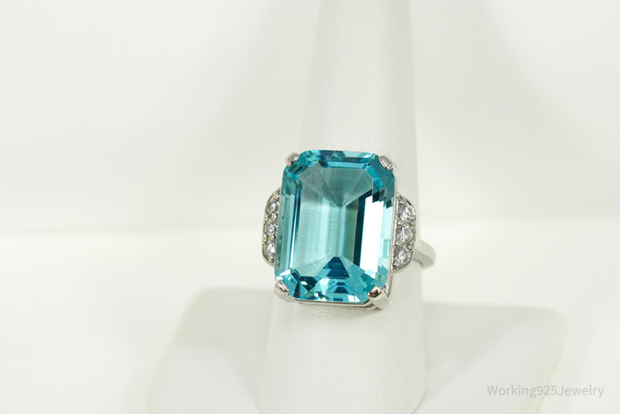Vintage Large Blue Topaz & Cubic Zirconia Sterling Silver Ring - Size 9
