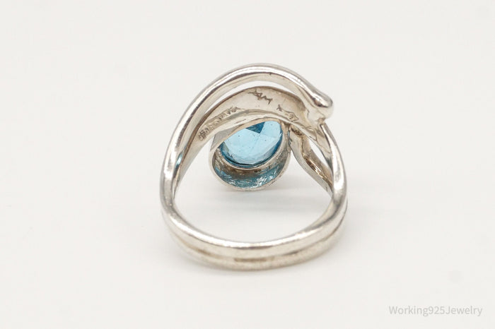 Vintage Large Blue Topaz Gemstone Sterling Silver Ring - Size 4.75
