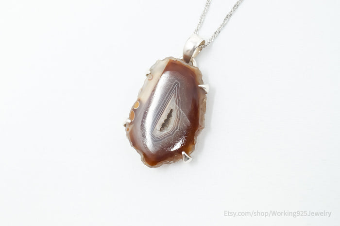 Vintage Large Brown Crazy Lace Agate Sterling Silver Necklace