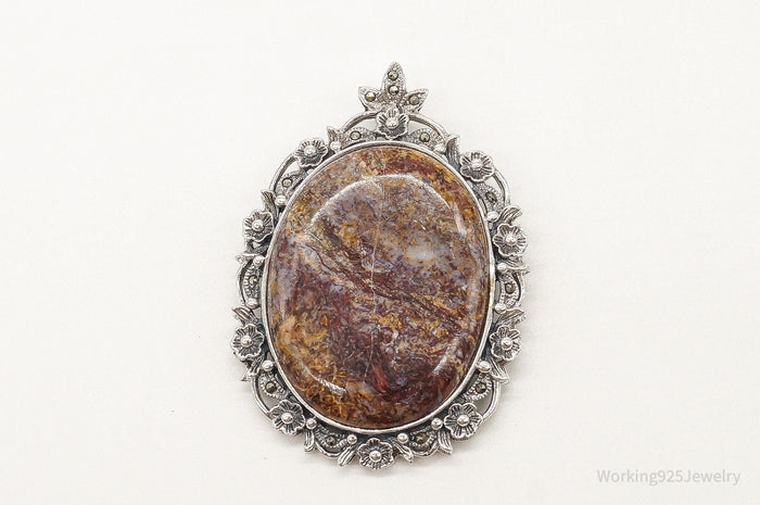 Vintage Large Designer NK Jasper Marcasite Sterling Silver Pendant