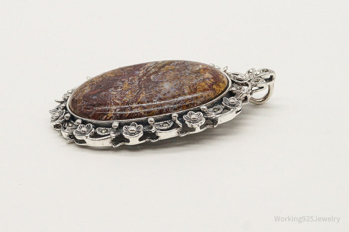 Vintage Large Designer NK Jasper Marcasite Sterling Silver Pendant