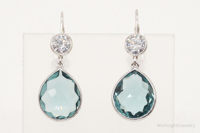 Vintage Large Green Blue Stone Cubic Zirconia Sterling Silver Earrings