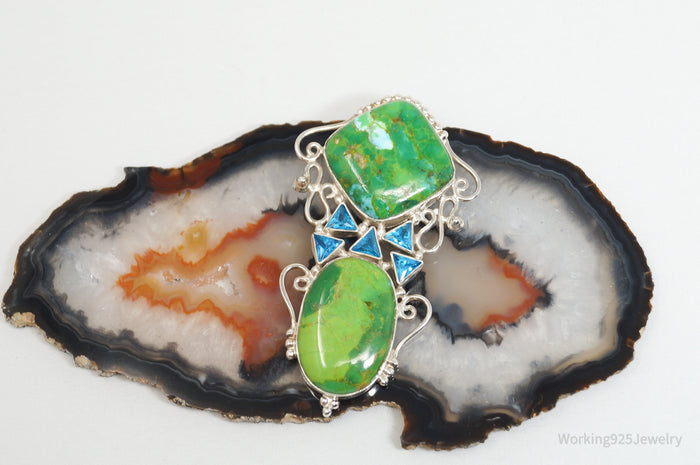 Vintage Large Green Turquoise Blue Topaz Sterling Silver Necklace Pendant