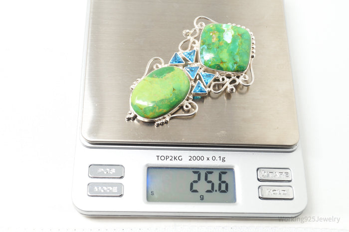 Vintage Large Green Turquoise Blue Topaz Sterling Silver Necklace Pendant