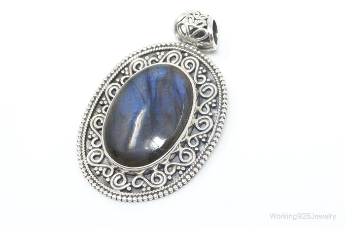 Vintage Large Labradorite Bali Sterling Silver Necklace Pendant