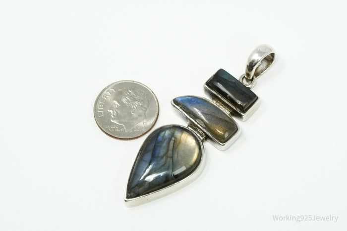 Vintage Large Labradorite Sterling Silver Necklace Pendant