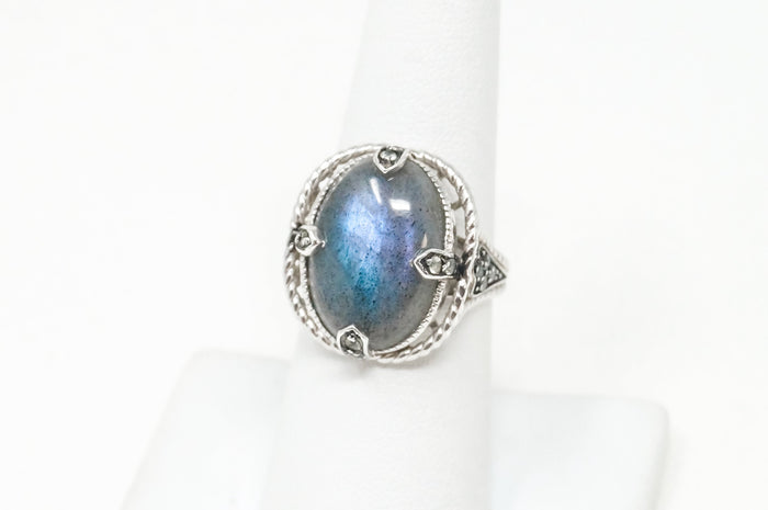 Vintage Large Labradorite Topaz Sterling Silver Ring - Sz 7 -797373219