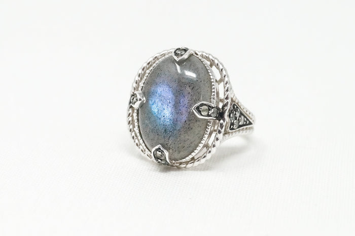 Vintage Large Labradorite Topaz Sterling Silver Ring - Sz 7 -797373219