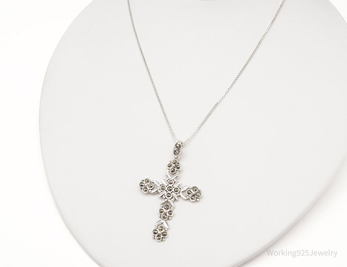 Vintage Large Marcasite Cross Sterling Silver Necklace 18"