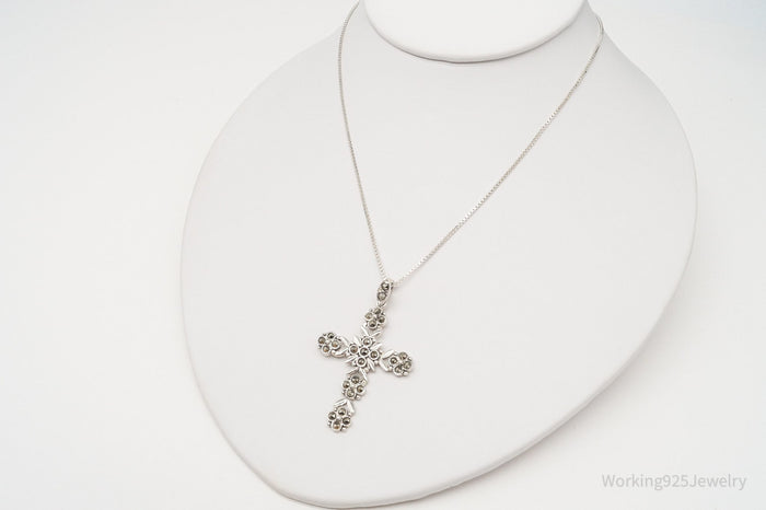 Vintage Large Marcasite Cross Sterling Silver Necklace 18"