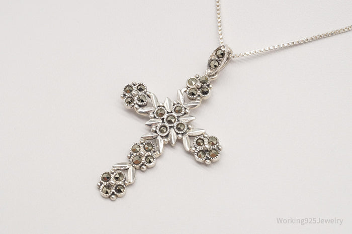 Vintage Large Marcasite Cross Sterling Silver Necklace 18"