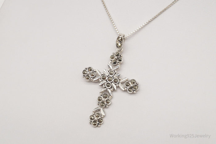 Vintage Large Marcasite Cross Sterling Silver Necklace 18"