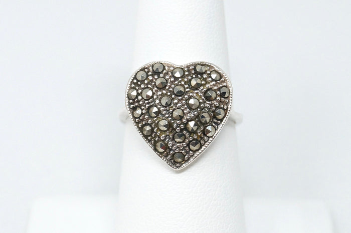 Vintage Large Marcasite Gemstone Studded Heart Sterling Silver Ring - Size 7