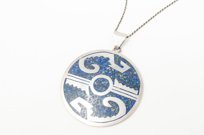 Vintage Large Mexico Handmade Lapis Lazuli Sterling Silver Aztec Necklace