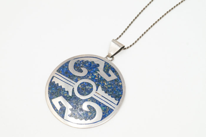 Vintage Large Mexico Handmade Lapis Lazuli Sterling Silver Aztec Necklace