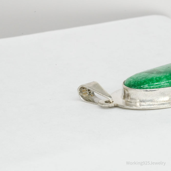 Vintage Large Mexico Modernist AIS Green Stone Sterling Silver Pendant 2 5/16"