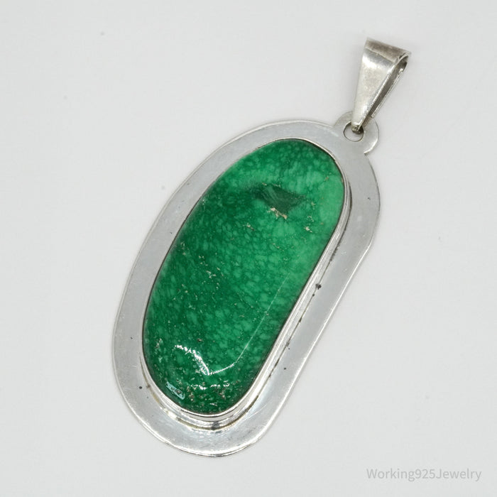 Vintage Large Mexico Modernist AIS Green Stone Sterling Silver Pendant 2 5/16"