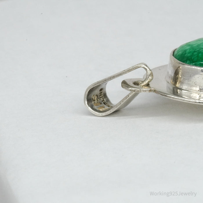 Vintage Large Mexico Modernist AIS Green Stone Sterling Silver Pendant 2 5/16"
